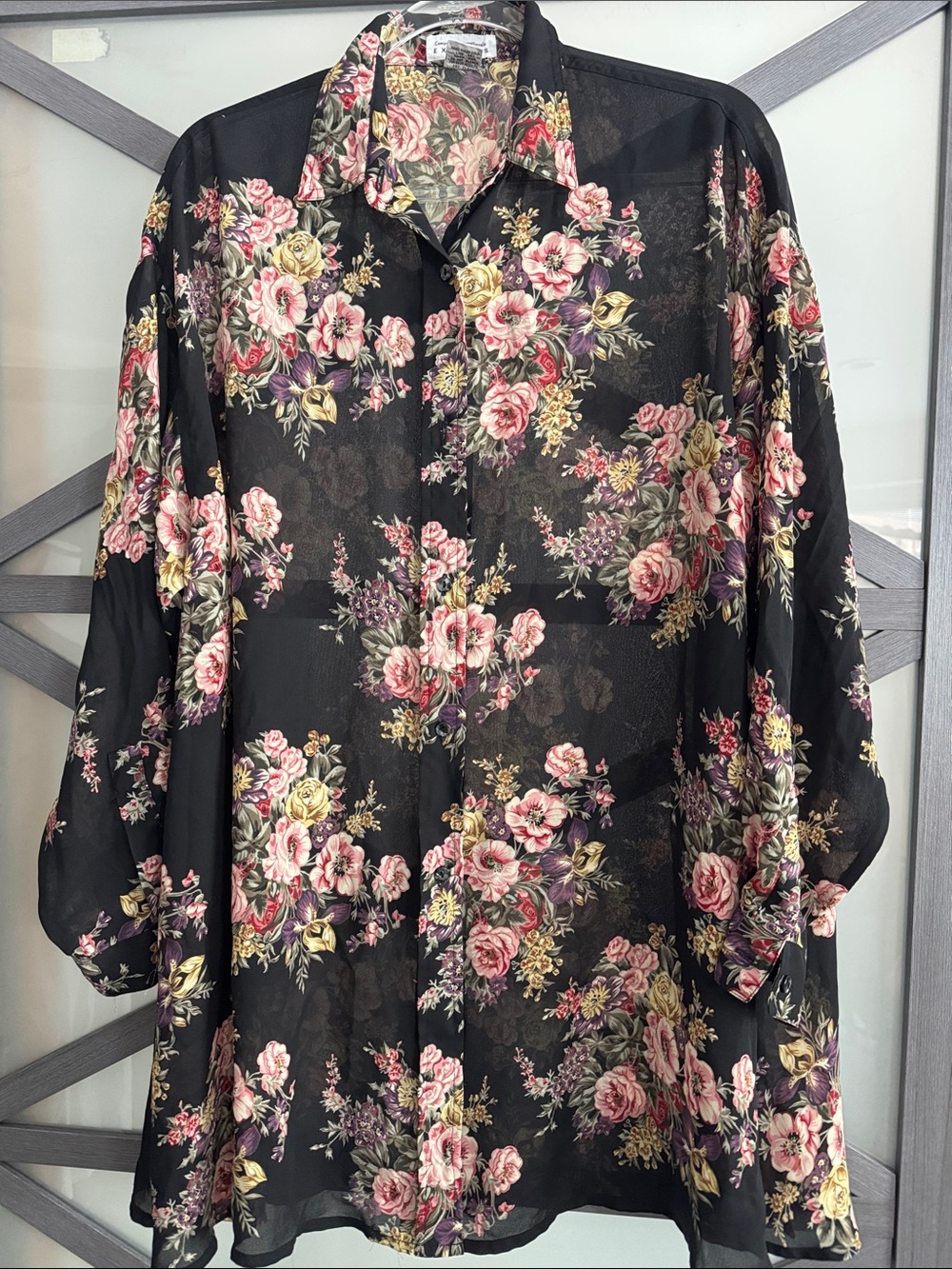 Express Black Sheer Floral Button-Down Blouse
